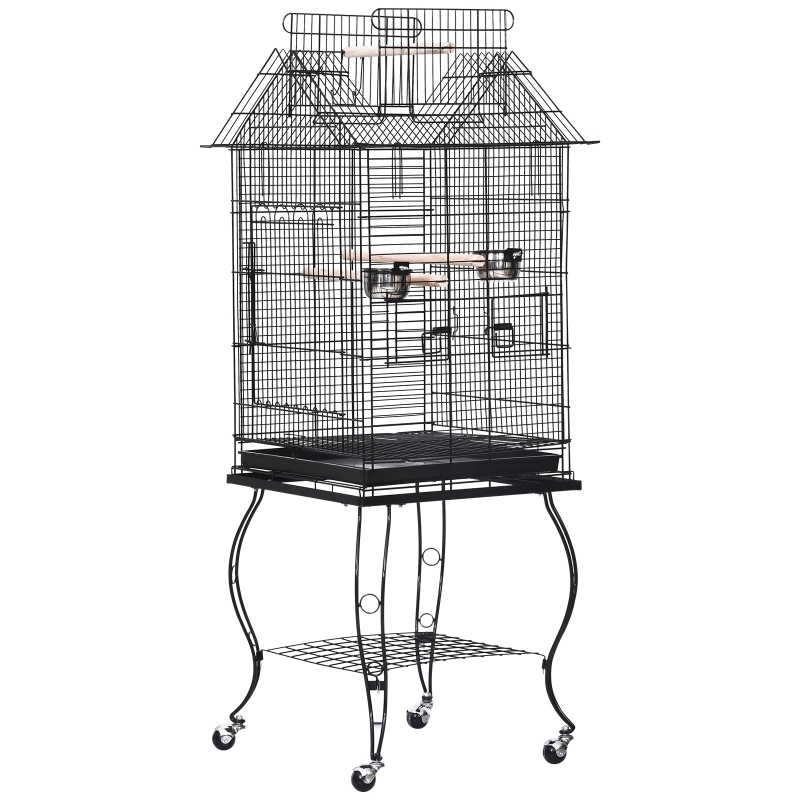 PawHut Metal Bird Cage Parrot Cage Cockatiel Birds Feeding Station w/ Wheels 51x51x135 cm-Black