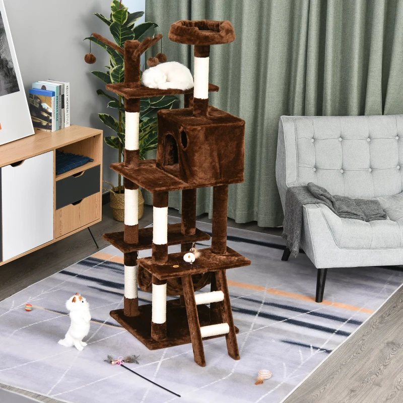 PawHut 155cm Plush Cat Tree for Indoor Cats Activity Center Sisal Scratching Post Basket Hammock Perch Condo Brown