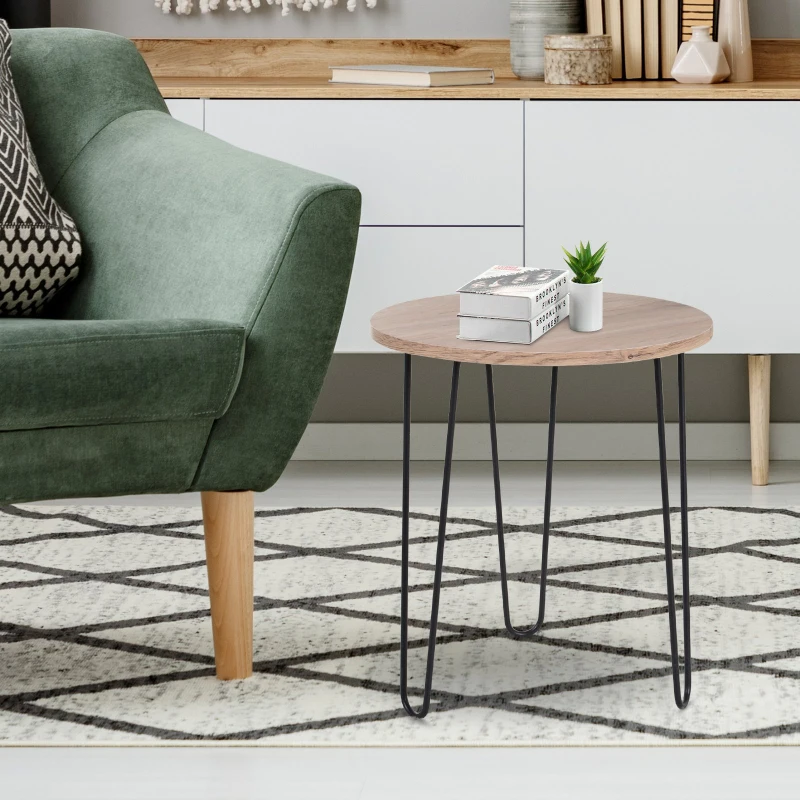 HOMCOM Metal Side Table w/ Round Tabletop Smooth Surface Retro Unique Design Coffee Home Bedroom Furniture Tripod Base Easy Clean Stylish Oak Tone