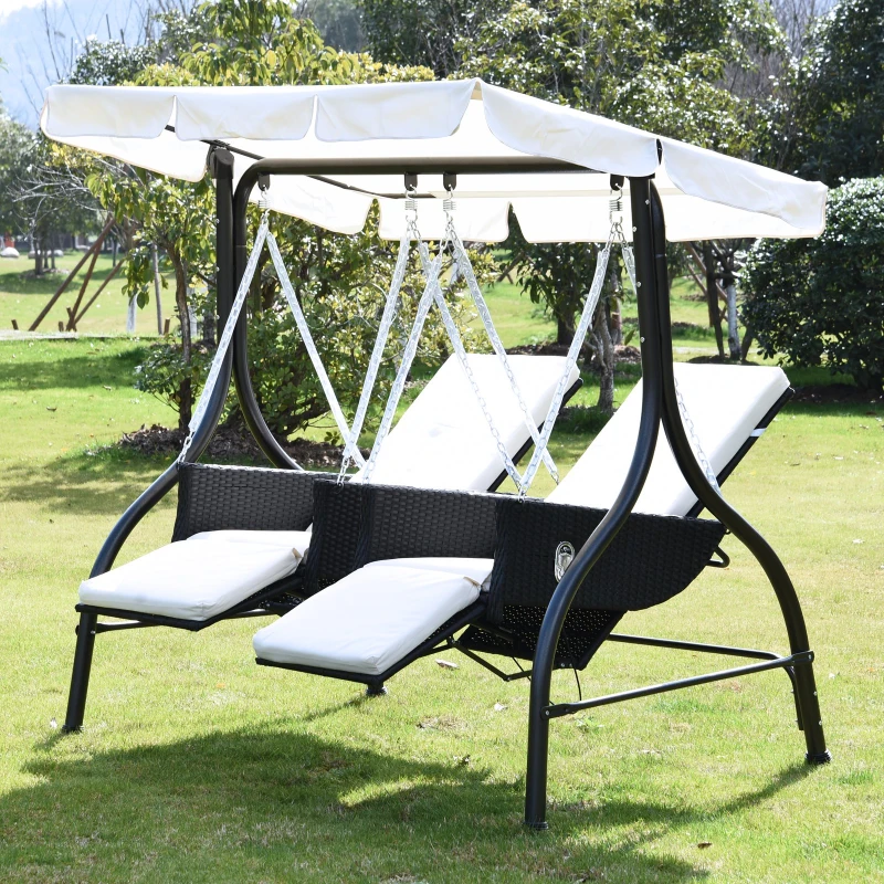 Outsunny 2 Seater Rattan Outdoor Garden Patio Swinging Hammock Furniture Chair Bench Bed Lounger - Black