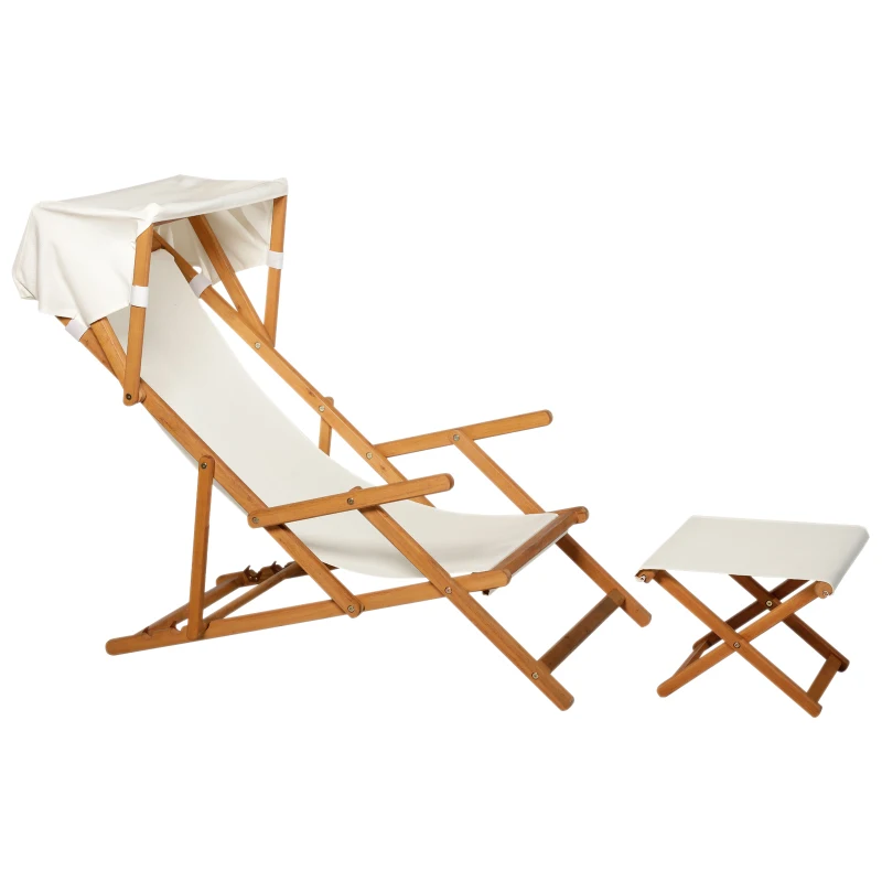 Outsunny Outdoor Garden Wood Frame Folding Deck Chair with Canopy + Footrest Set Adjustable Backrest