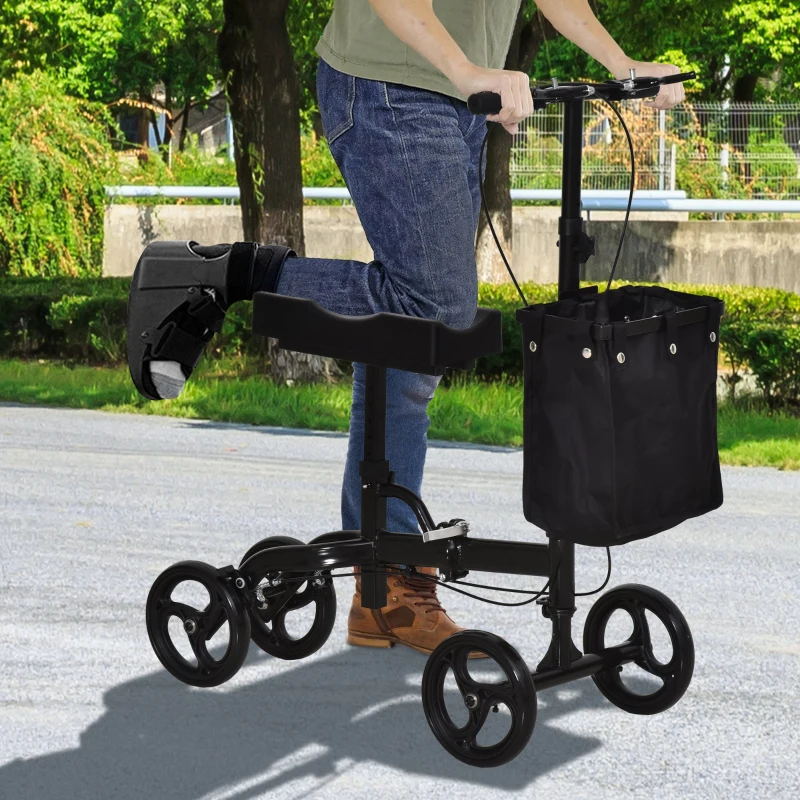 HOMCOM Metal Foldable Medical Knee Rest Rollators Walker Scooter W/ Storage Basket Black
