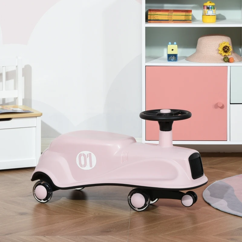 HOMCOM Toddler Ride on Toy Car Wiggle Car LED Flashing Wheels Swing Car for 2-4 Years Pink