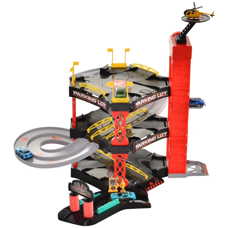 HOMCOM 55 Pcs Kids Parking Lot Play Set 3 Storey Garage Playset Cars Helicopter Elevator Slopes Traffic Accessories Fun Racetrack for 3 Year Old +