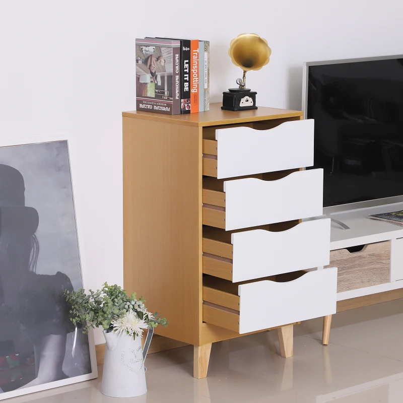 HOMCOM Scandinavian Style Bedside Table W/ 4 Drawers, 48Lx40Dx88H cm-Natural Wood/White Colour