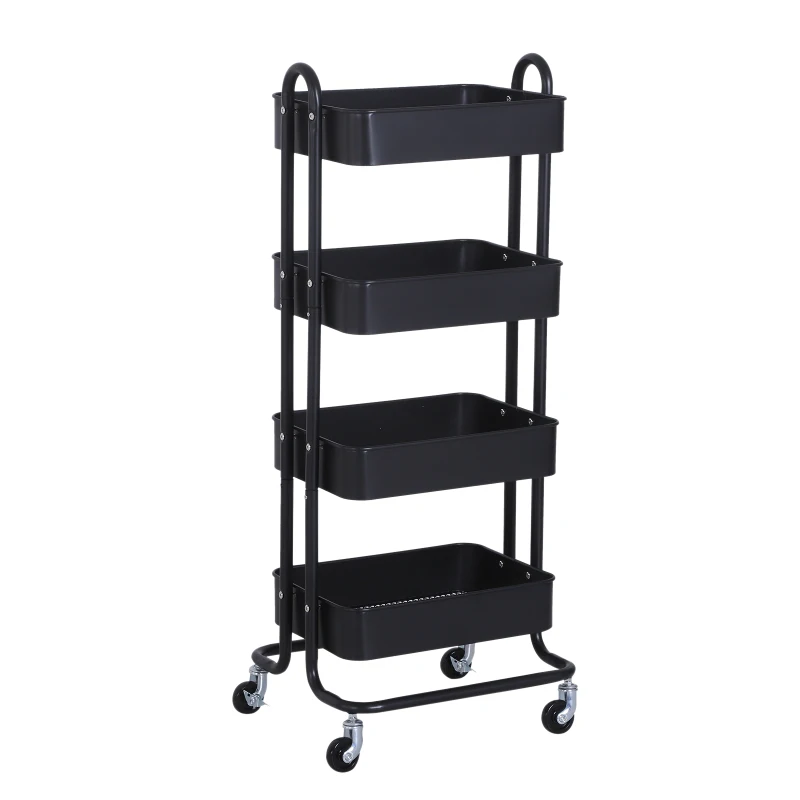 HOMCOM Metal 4-Tier Mobile Storage Serving Trolly Rolling Utility Cart Organiser Kitchen Mesh Bottom Black