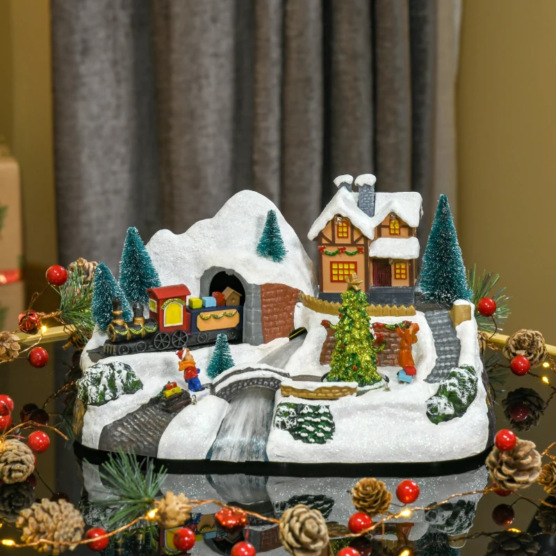 HOMCOM Prelit Christmas Musical Villages with Rotating Tree Animated Xmas Village with Sound Fibre Optic Transformer or Battery-Operated Festival Decoration for Tabletop