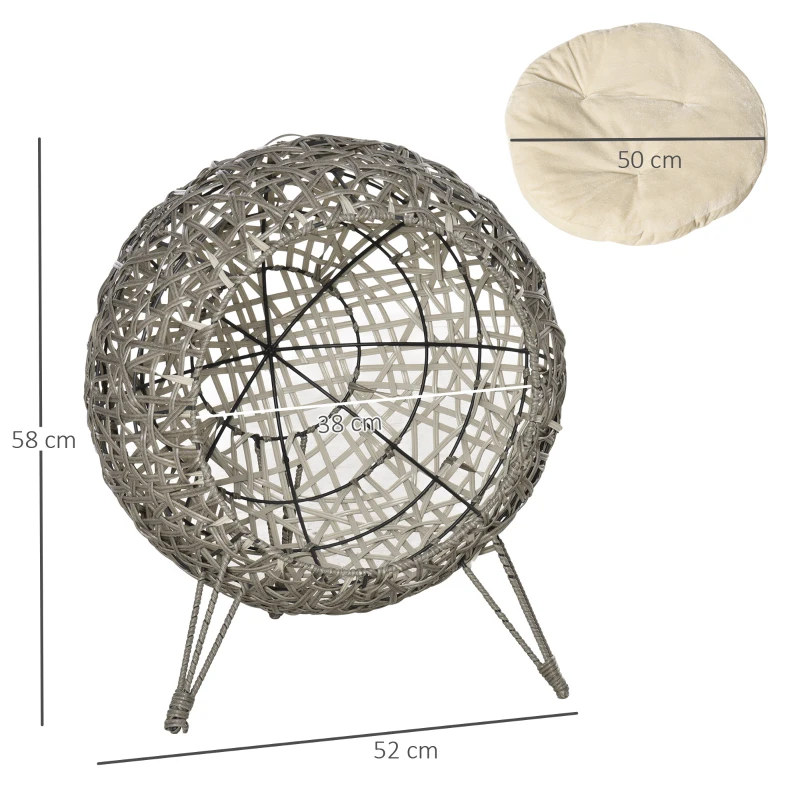 Pawhut Woven Rattan Wicker Elevated Cat Bed House Kitten Pussy Basket Ball Shaped Pet Furniture w/ Removable Cushion Smoky Grey 52 x 52 x 58 cm