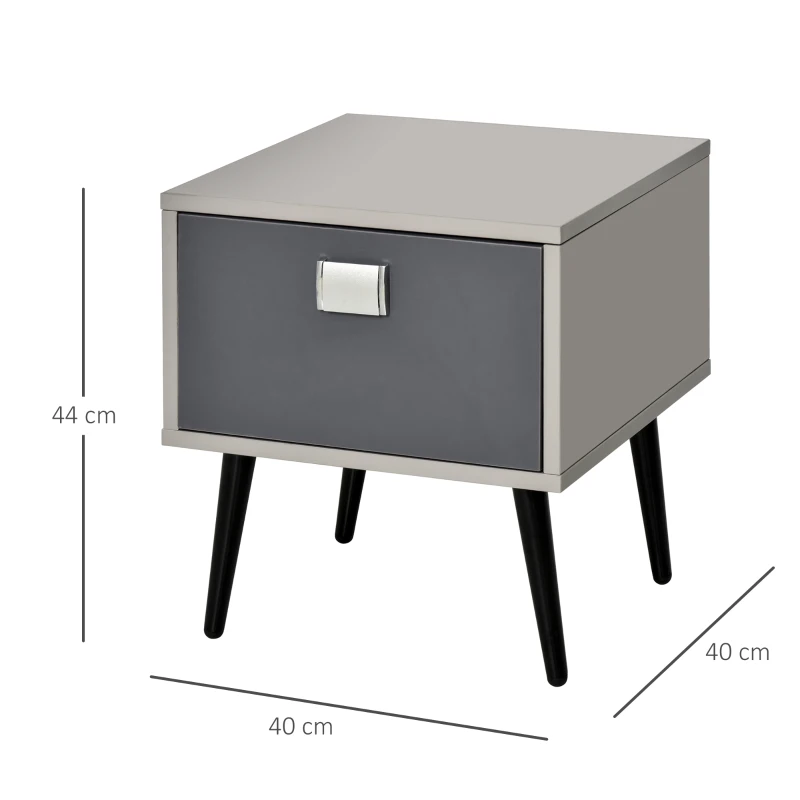 HOMCOM Retro Bedside Storage Table Stylish Nightstand Table w/ Drawer Metal Handle Legs Accent Bedroom Home Living Furniture Desk Grey