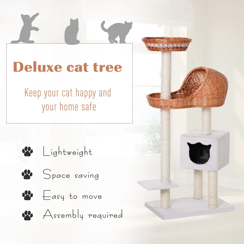 Pawhut 1.3m Cat Tree for Indoor Cats Condo Tower Scratching Post Climber Hooded Rattan Wicker cat cave