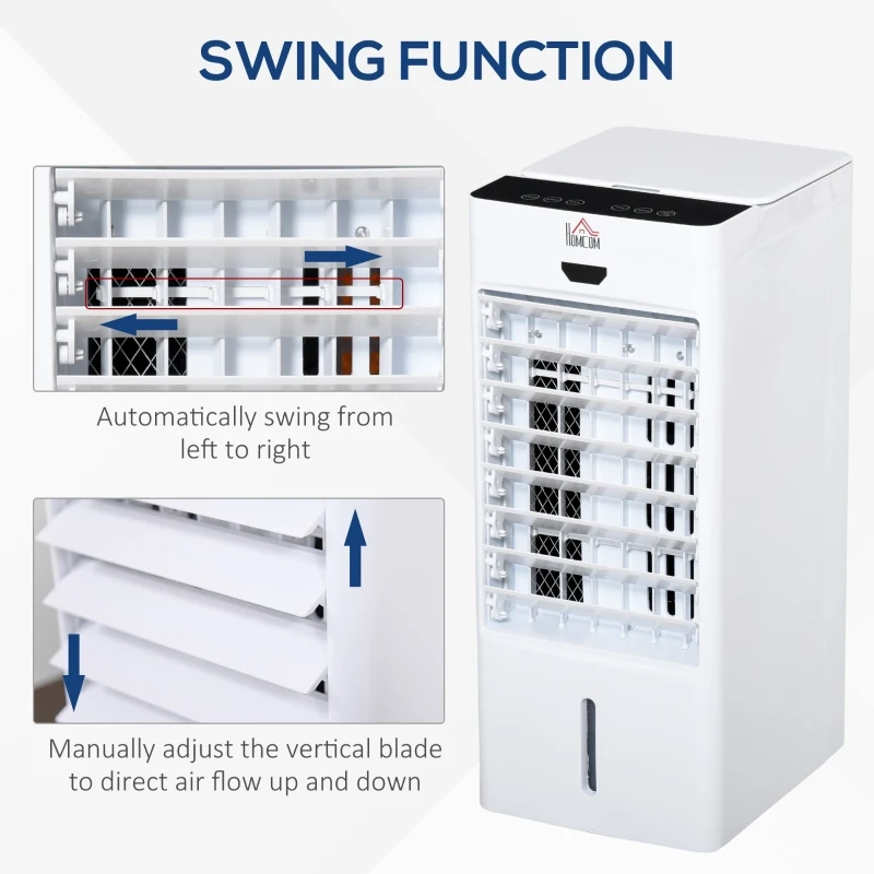 HOMCOM 4L Portable Air Cooler, Mobile Evaporative Cooler Humidifier with 3 Modes, 3 Fan Speed, Remote Controller, 7.5 Hour Timer, Swing and Ice Cooling Function for Bedroom, Dorm, Office