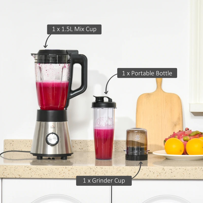 HOMCOM Blender Smoothie Maker, 900W Countertop Blender with 5 Speed Setting, Pulse Function, 1.5L Mix Cup, Portable Cup and Grinder for Ice, Fruit, Vegetable and Nut