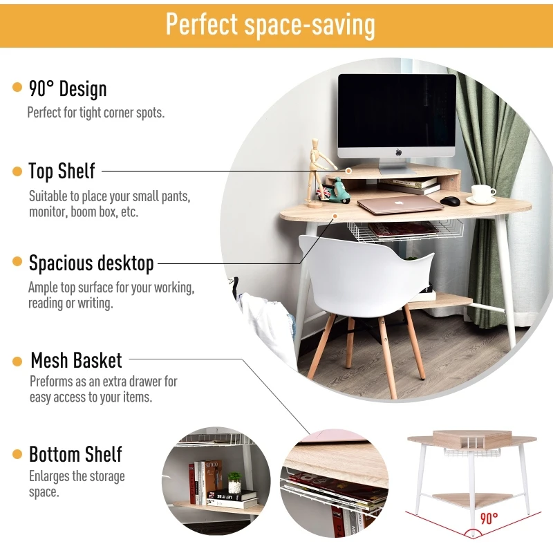 HOMCOM Corner Home Office Computer Desk w/Mesh Basket Oak