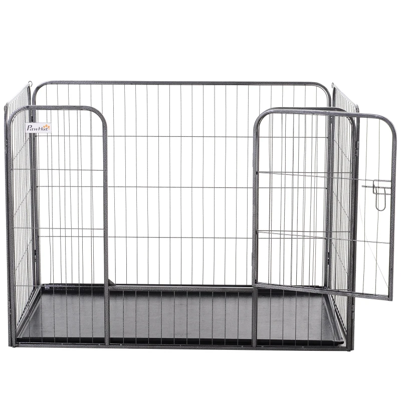 PawHut Metal Dog Crate Kennel Heavy Duty 4 Panel Folding Pet Playpen Tray Indoor Outdoor Use Collapsible Design 125L x 77.5W x 90H cm
