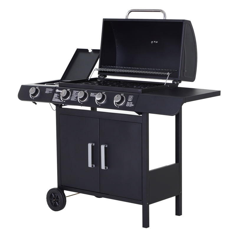Outsunny 4+1 Deluxe Gas BBQ Grill with Wheels, Steel-Black