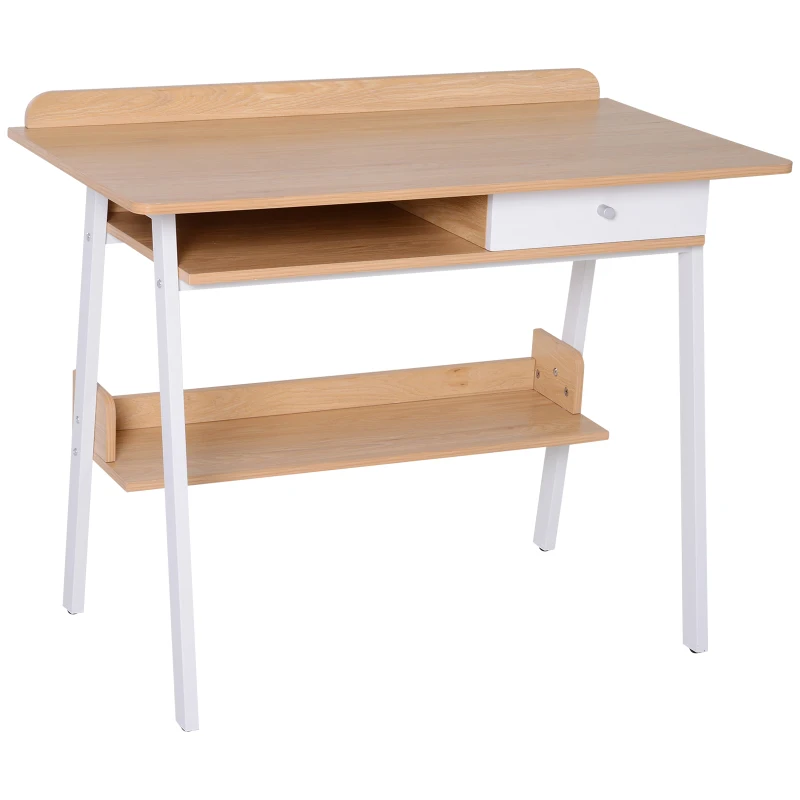 HOMCOM Metal Frame Computer Desk Office Workstation  w/Drawer Shelf White