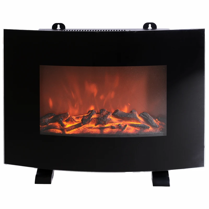 HOMCOM Tempered Glass Casing Electric Heater Freestanding Wall-Mountable Fireplace LED Flame Effect w/ Timer Remote 750w