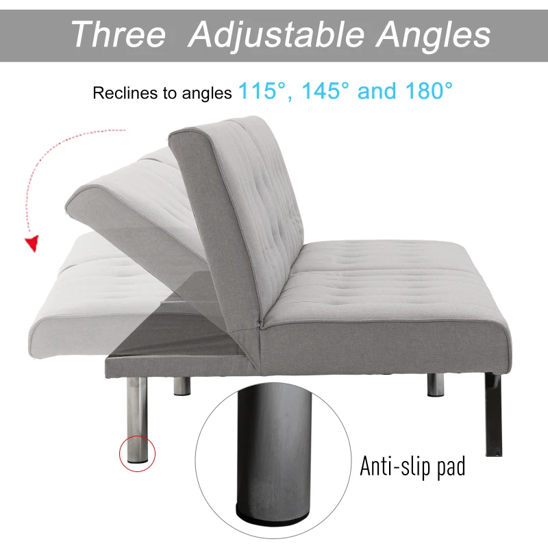 HOMCOM Two Seater Sofa Bed Futon Split Back Recliner W/Wood Frame, 98D x 181W x 79Hcm-Grey