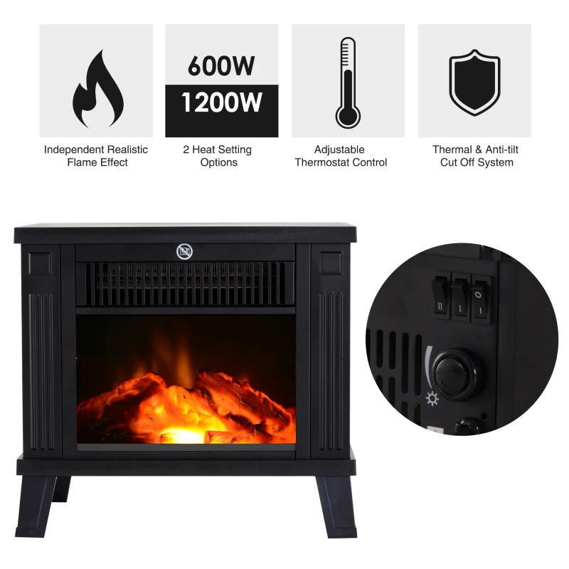 HOMCOM Freestanding Electric Fireplace Heater W/ Thermostat Control, 600W/1200W-Black
