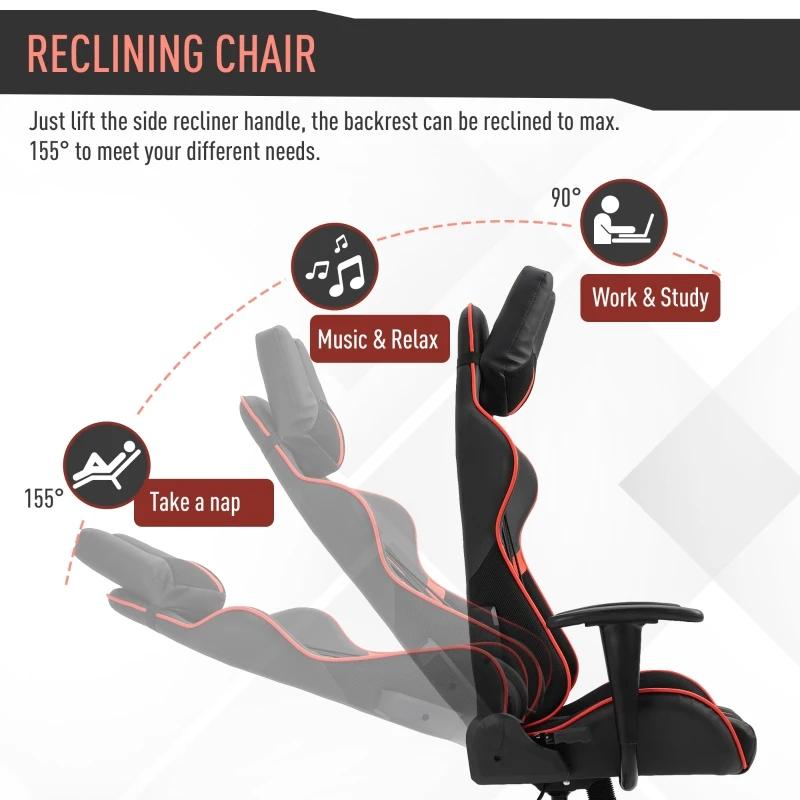 Vinsetto Racing Gaming Chair Adjustable Height W/ Headrest and Lumbar Support - Red/Black