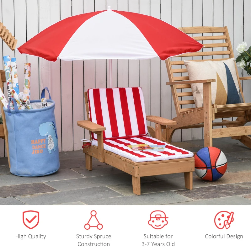Outsunny Wooden Kids Sun Lounger with Foldable Adjustable Parasol Cushion Outdoor Patio Garden Furniture Red 90 x 59 x 53cm