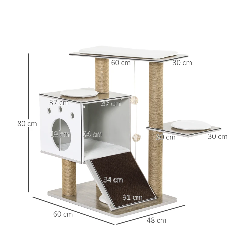 PawHut Cat Tree Tower for Indoor Cats 80cm Climbing Activity Center Kitten Furniture with Jute Scratching Post Pad Ramp Condo Perch Cushion Hanging Ball Velcro Light Grey