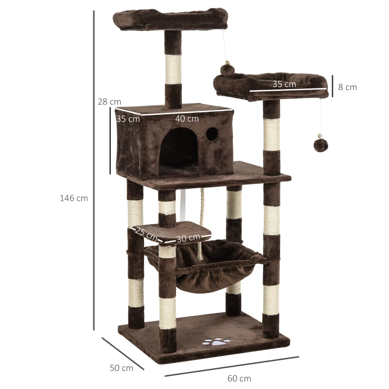 PawHut Cats 5-Tier Sisal Rope Leisure Tree w/ Dangle Toys Brown