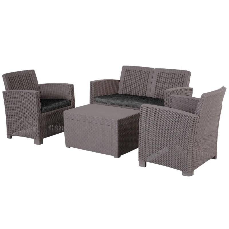 Outsunny Garden PP Rattan Style Sofa Table Set 4 Seater Outdoor Patio 2 Single Chairs & 1 Bench Conservatory Furniture Cushioned Grey