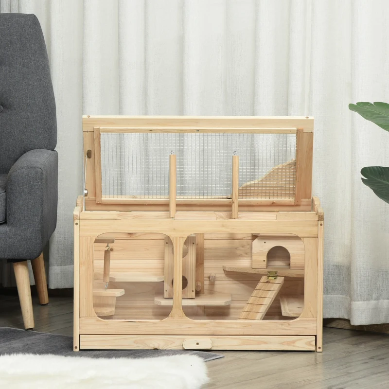 PawHut Large Wooden Hamster Cage Pet Small Animal Kit Activity Center Play House for Indoor 78 x 40 x 44 cm, Natural