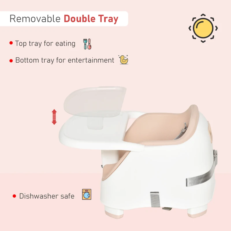 HOMCOM Baby Booster Seat for Dining Portable Toddler Feeding Chair  w/ 3 Point Harness Strap Height Adjustable Removable Cushion Detachable Tray Non-Slip Feet Pink