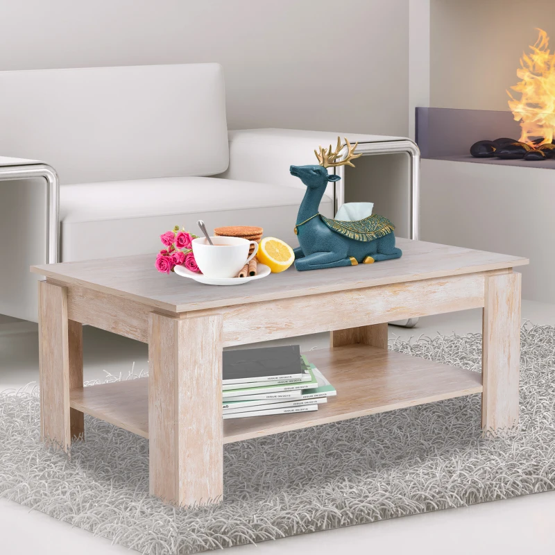 HOMCOM 2-Tier Coffee Table W/Storage Shelf, 110Lx65Wx47H cm-Wood Grain Colour