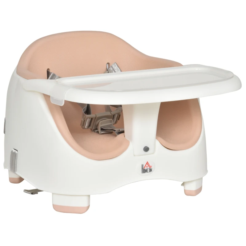 HOMCOM Baby Booster Seat for Dining Portable Toddler Feeding Chair  w/ 3 Point Harness Strap Height Adjustable Removable Cushion Detachable Tray Non-Slip Feet Pink