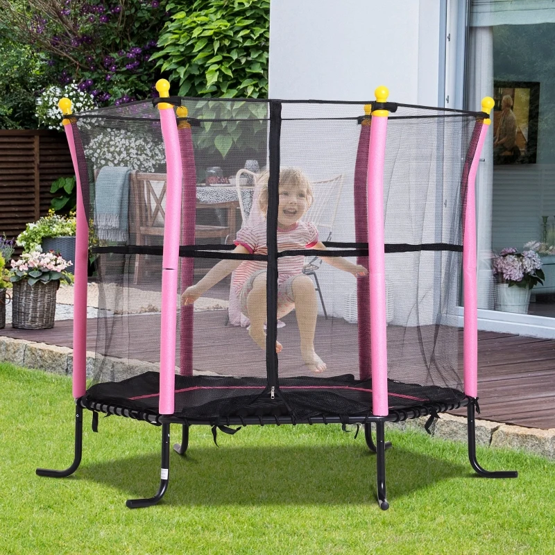 HOMCOM 5FT / 61 Inch Kids Mini Trampoline Exercise Rebounder with Safety Enclosure Net Bungee Design  Six Legs Capacity to 60kg Pink