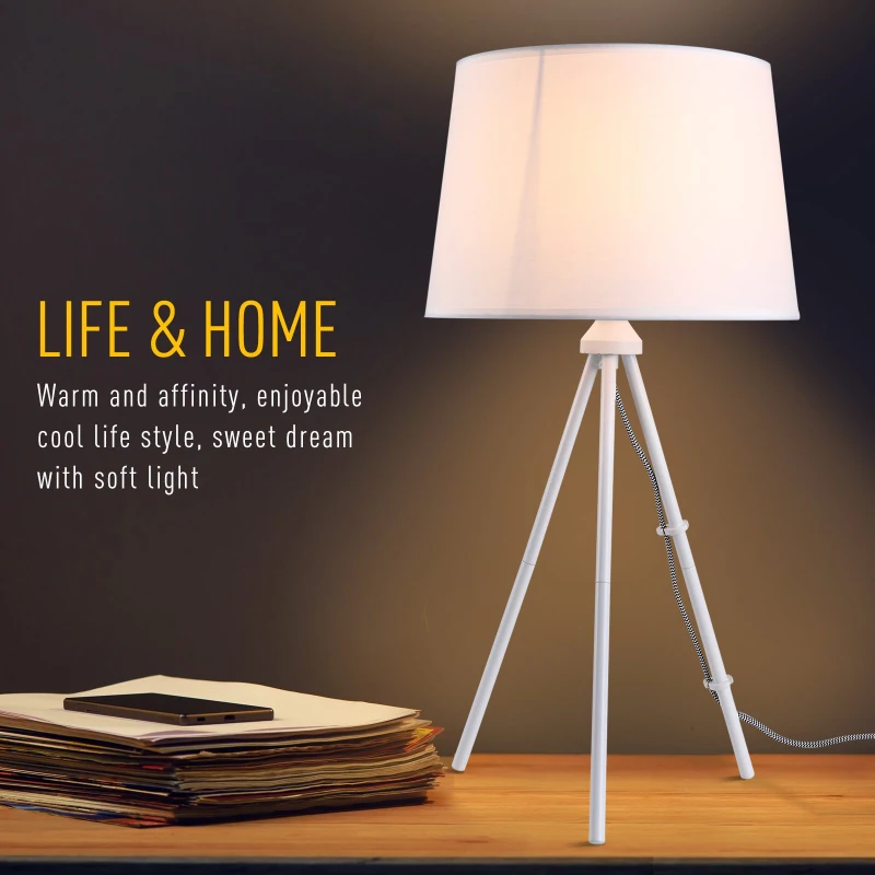 HOMCOM 40W Tripod Table Lamp Metal Base Fabric Shade Warm Light Bedroom Living Room Home w/ Switch Anti Slip Feet White