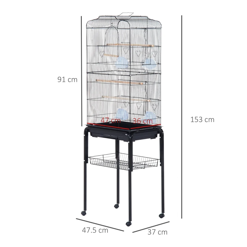 PawHut Large Metal Bird Cage with Breeding Stand Feeding Tray Wheels for Canary, Finch, Parakeet, Budgerigar, Black, 47.5 L x 37 W x 160 H (cm)