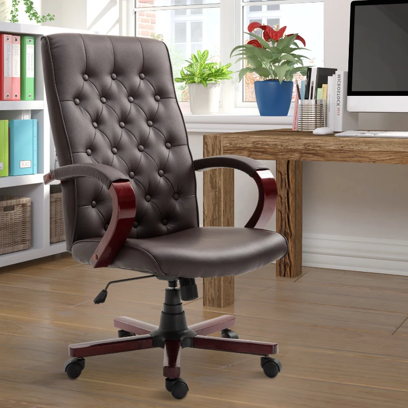 Vinsetto High Back Executive Office Chair Swivel Computer Desk Armchair Tilting Seat Height Adjustable Ergonomic Bonded Leather Wooden Base (Brown)