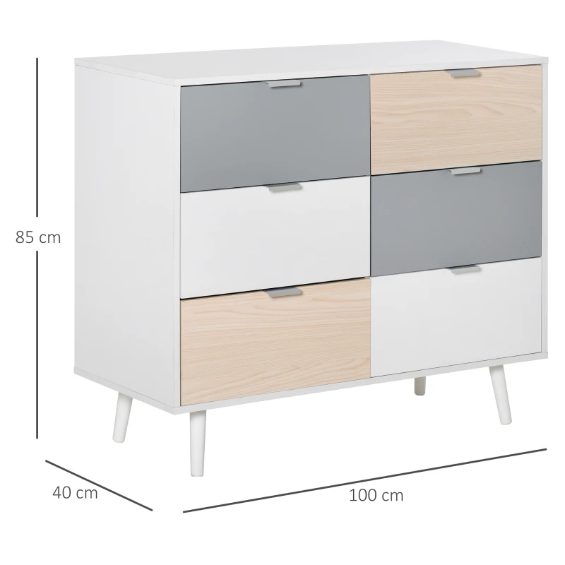 HOMCOM Chest Of Drawers Storage Cabinet Sideboard Dresser w/ 6 Drawers, Wood Legs Metal Handle Bedroom Hallway Living Room Furniture