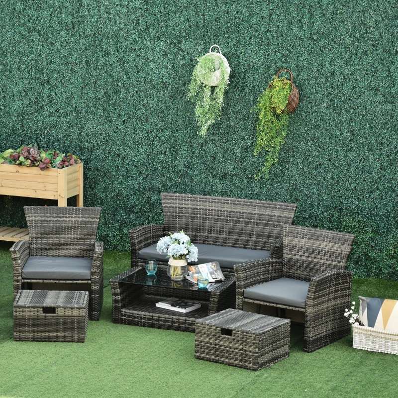Outsunny 6 PCS Outdoor Patio Furniture Sets All Weather PE Rattan Chair Set Indoor Outdoor Backyard Garden Coffee Table w/ Two Ottoman & Cushions Grey