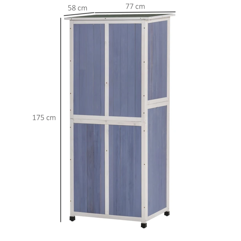 Outsunny Outdoor Garden Shed Wooden Garden Cabinet 3-Tier Double-door Storage Shed 2 Shelves Organizer with Handle Hooks Magnetic Latch Foot Pad 77 x 58 x 175cm Blue