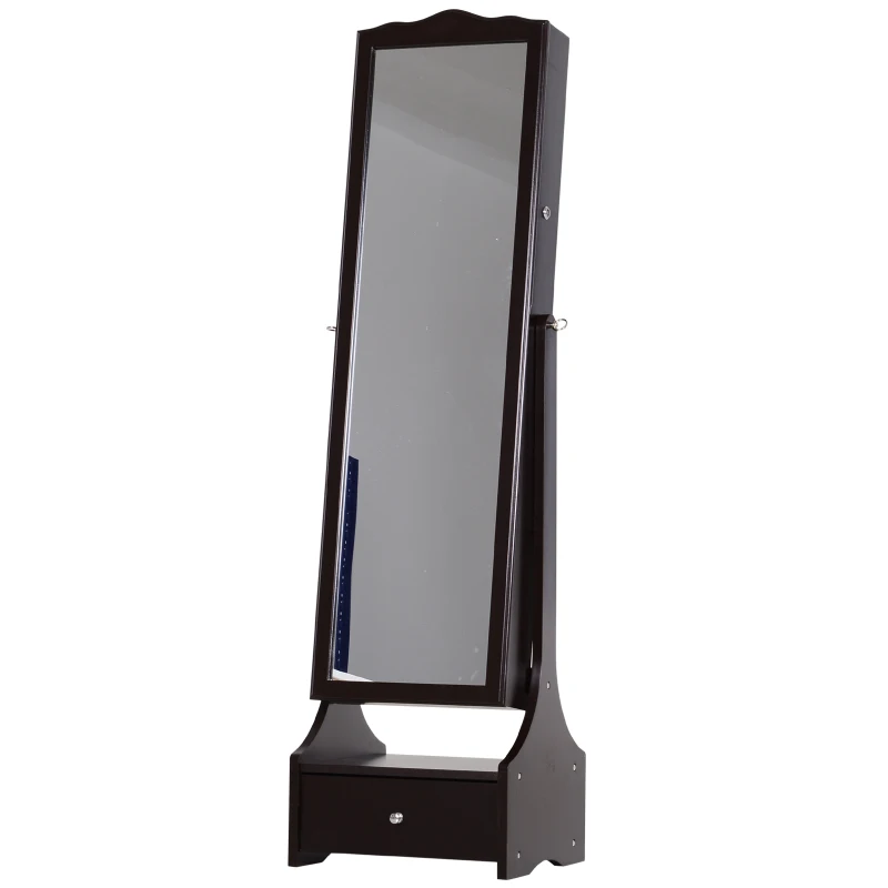HOMCOM Freestanding Storage Mirror Full Length Jewellery Make Up Perfume Organisation w/ Bottom Drawer Lock LED Lights 150x45cm Brown