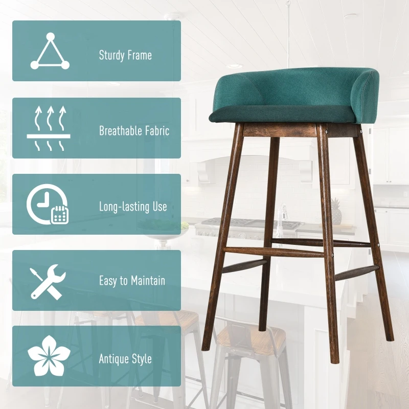 HOMCOM Oak Wood Upholstered Dining Bar Stool Green