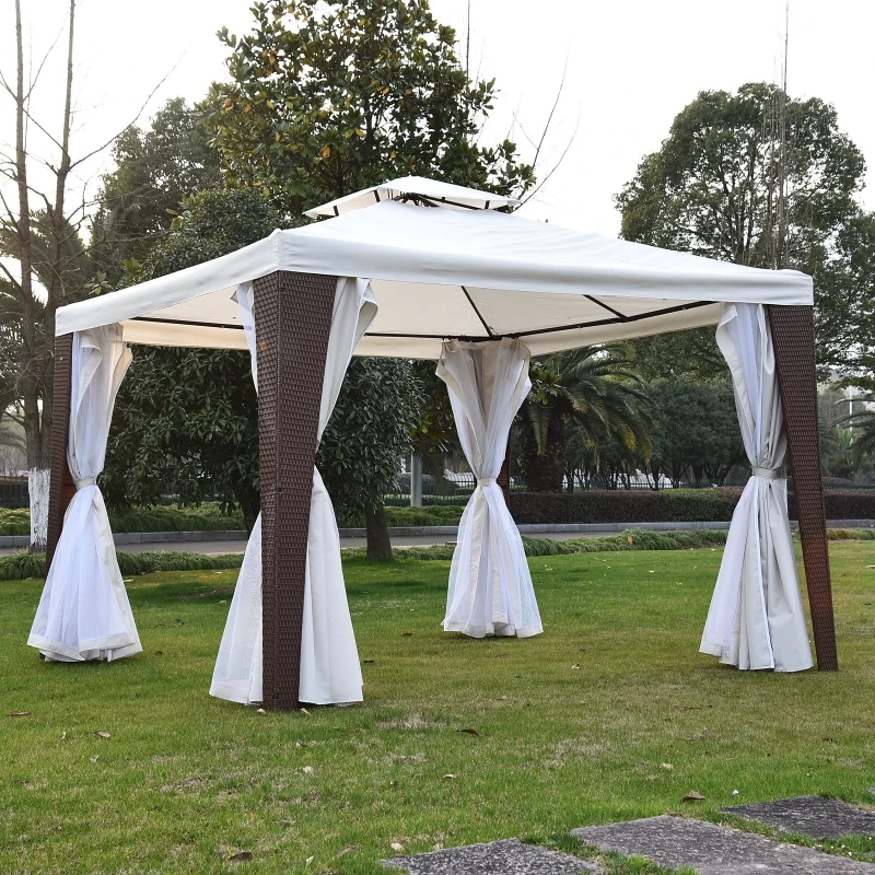 Outsunny 3x3 m Rattan Gazebo W/Curtain-Brown/Beige