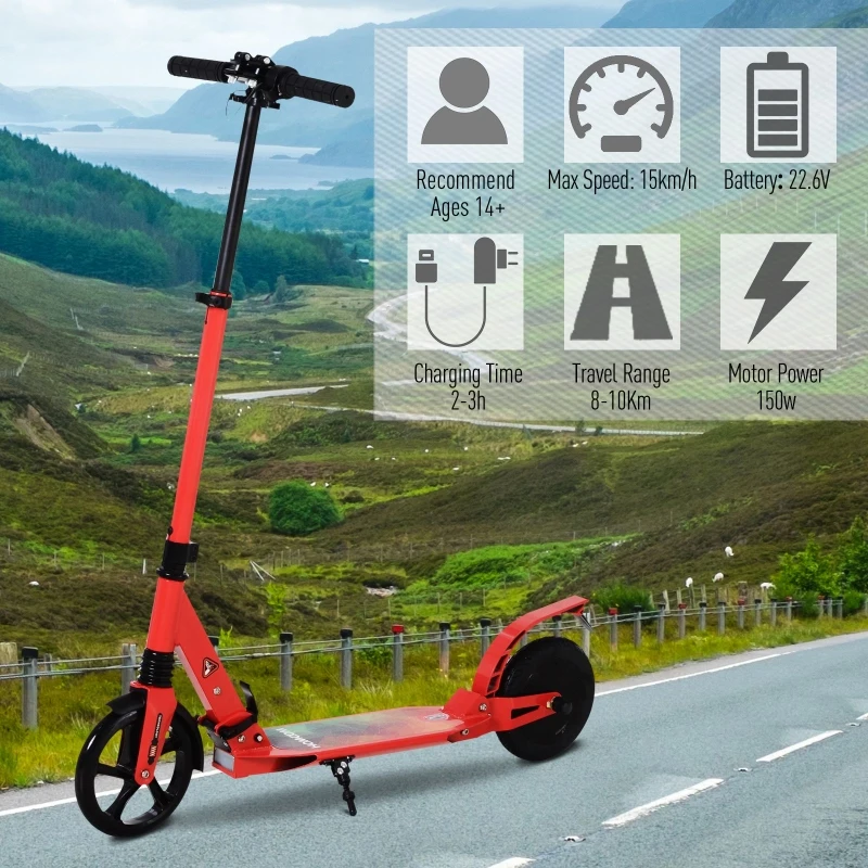 HOMCOM 150W Folding E-Scooter 22.6V Powered for Teens Aged 14+ Red