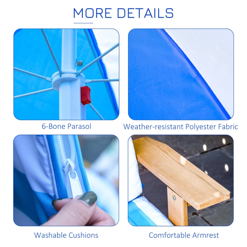 Outsunny Wooden Kids Sun Lounger with Foldable Adjustable Parasol Cushion Outdoor Patio Garden Furniture Blue 90 x 59 x 53cm
