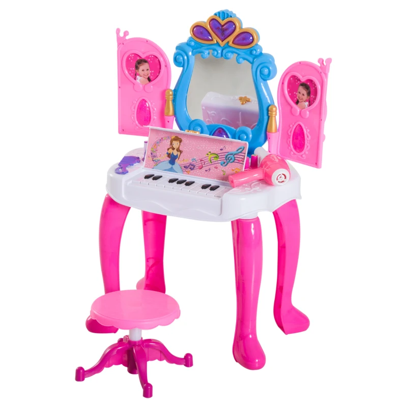HOMCOM Kids Piano Dressing Table W/Stool Set-Pink/Blue