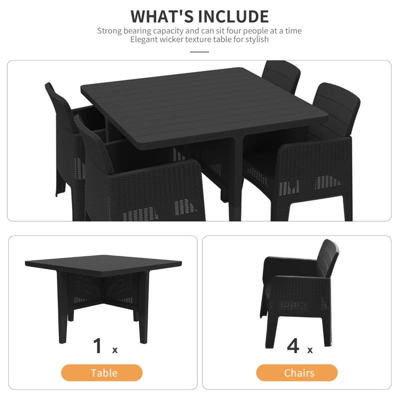 Outsunny 5 PCS Patio PP Rattan Garden Dining Cube Set Outdoor Chair Furniture Set Black