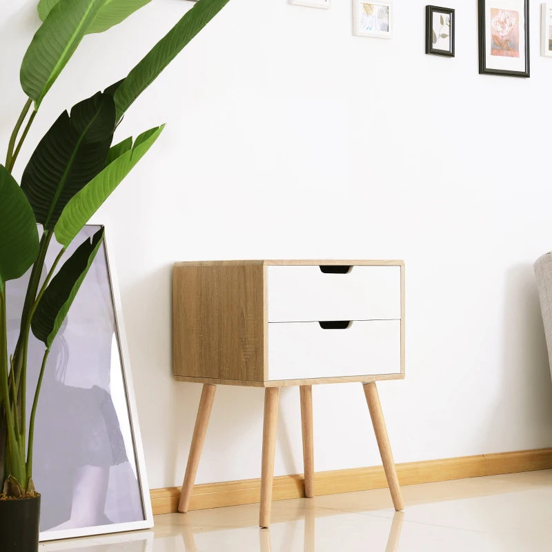 HOMCOM Freestanding Bedside Table with 2 Drawers, Wood Legs, Bedroom Nightstand, Cabinet Storage Organiser Unit, Oak