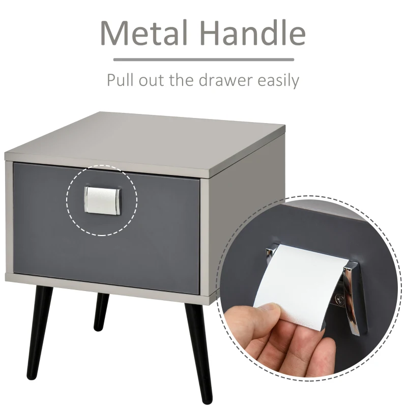 HOMCOM Retro Bedside Storage Table Stylish Nightstand Table w/ Drawer Metal Handle Legs Accent Bedroom Home Living Furniture Desk Grey