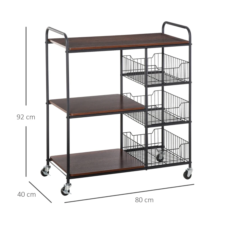 HOMCOM kichen Cart Storage Trolley Dining Serving Cart w/ Shelves Baskets Handles Wheels Home Living Room Kitchen Brown Black