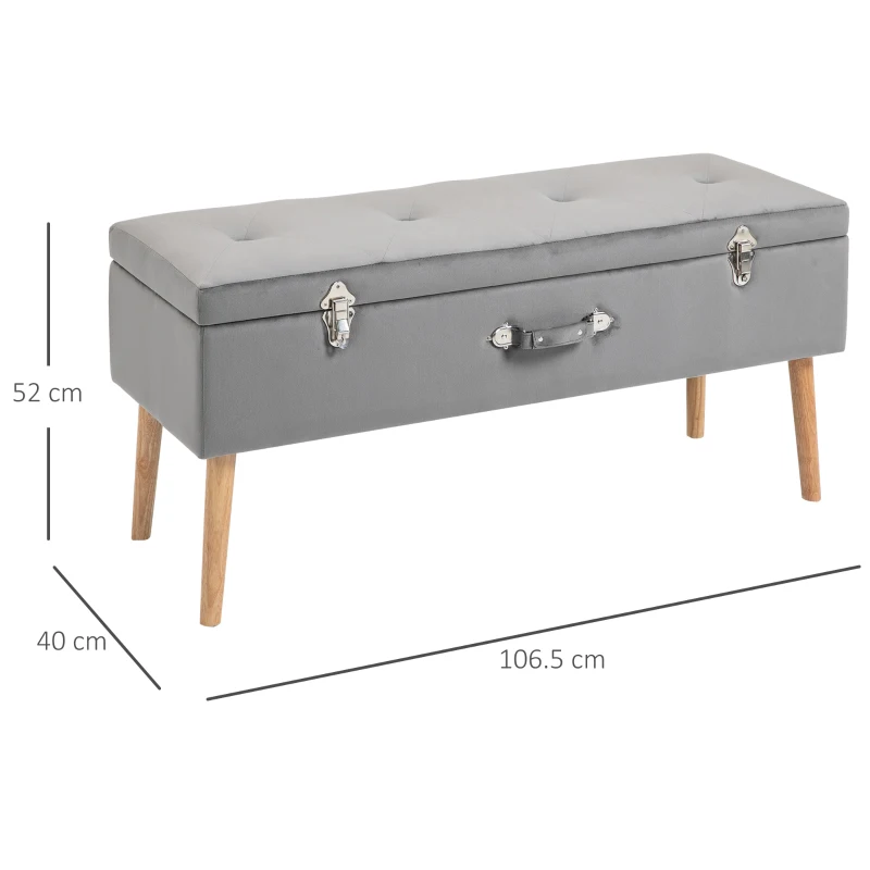 HOMCOM Elegant Velvet Footstool Storage Trunk Stool Silver Chest Ottoman Wood Legs Button Tufted Home Luxe Tidy Stylish Grey 40x52x107cm